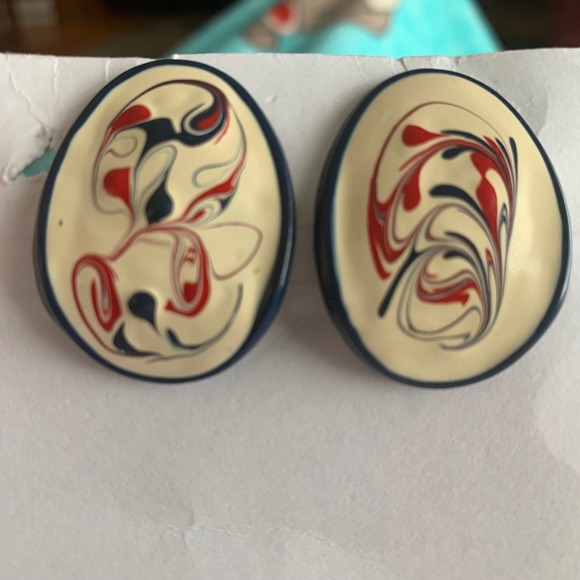 1955 Vintage Jewelry - Vintage Style Oval Marbled Swirl Stud Earrings Navy Blue Red Cream Abstract Art